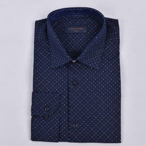 Muška Slim Fit košulja u tamnoplavoj boji sa sitnim geometrijskim dezenom u crvenoj i beloj boji, idealna za poslovne prilike.